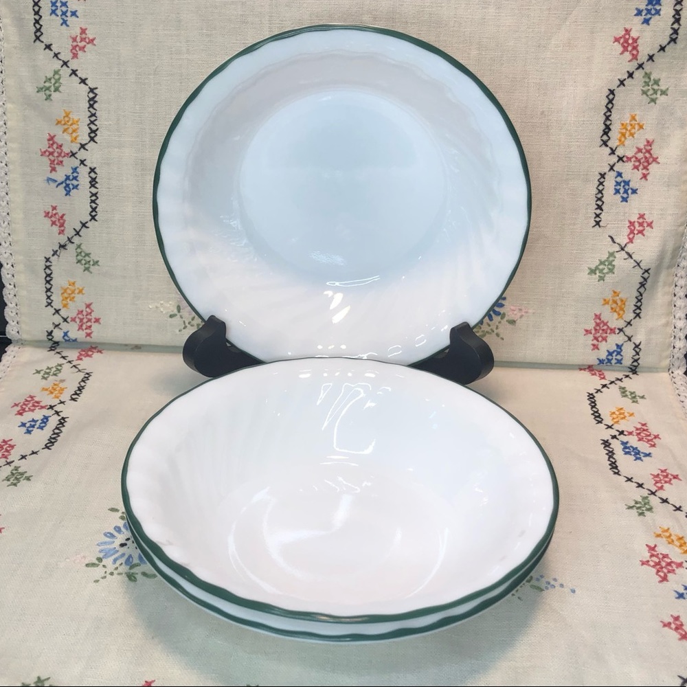 3 Corelle CALLAWAY 18-oz SOUP Cereal Salad BOWL 7 1/4" Fluted Ivy Green Rim